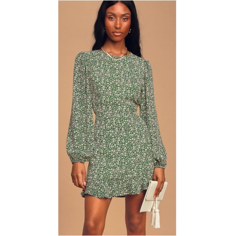 LULUS Green Floral Print Ruffled Long Sleeve Open Back Mini Dress
